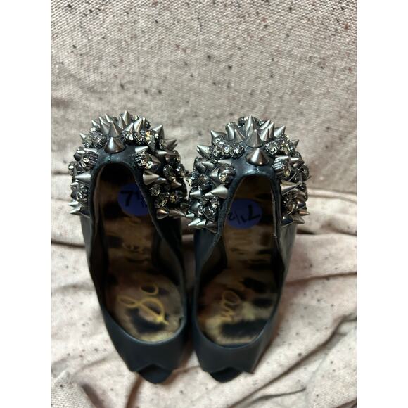 Sam Edelman Lorissa Black Leather Spiked Studded Open Toe Heels Women’s 7.5 - Picture 2 of 14